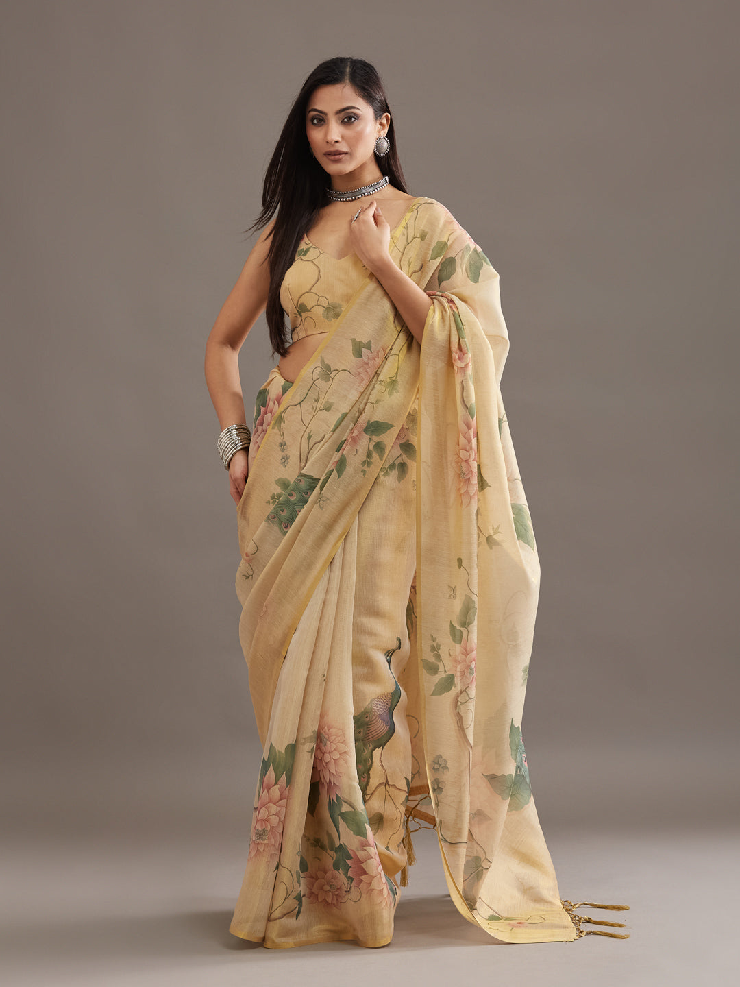 KASEE Women's Gold Organza Silk Saree with Floral Print and Contrast Border