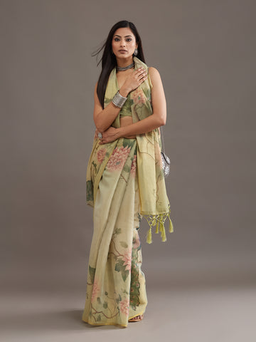 KASEE Women's Olive Organza Silk Saree with Floral Print and Contrast Border