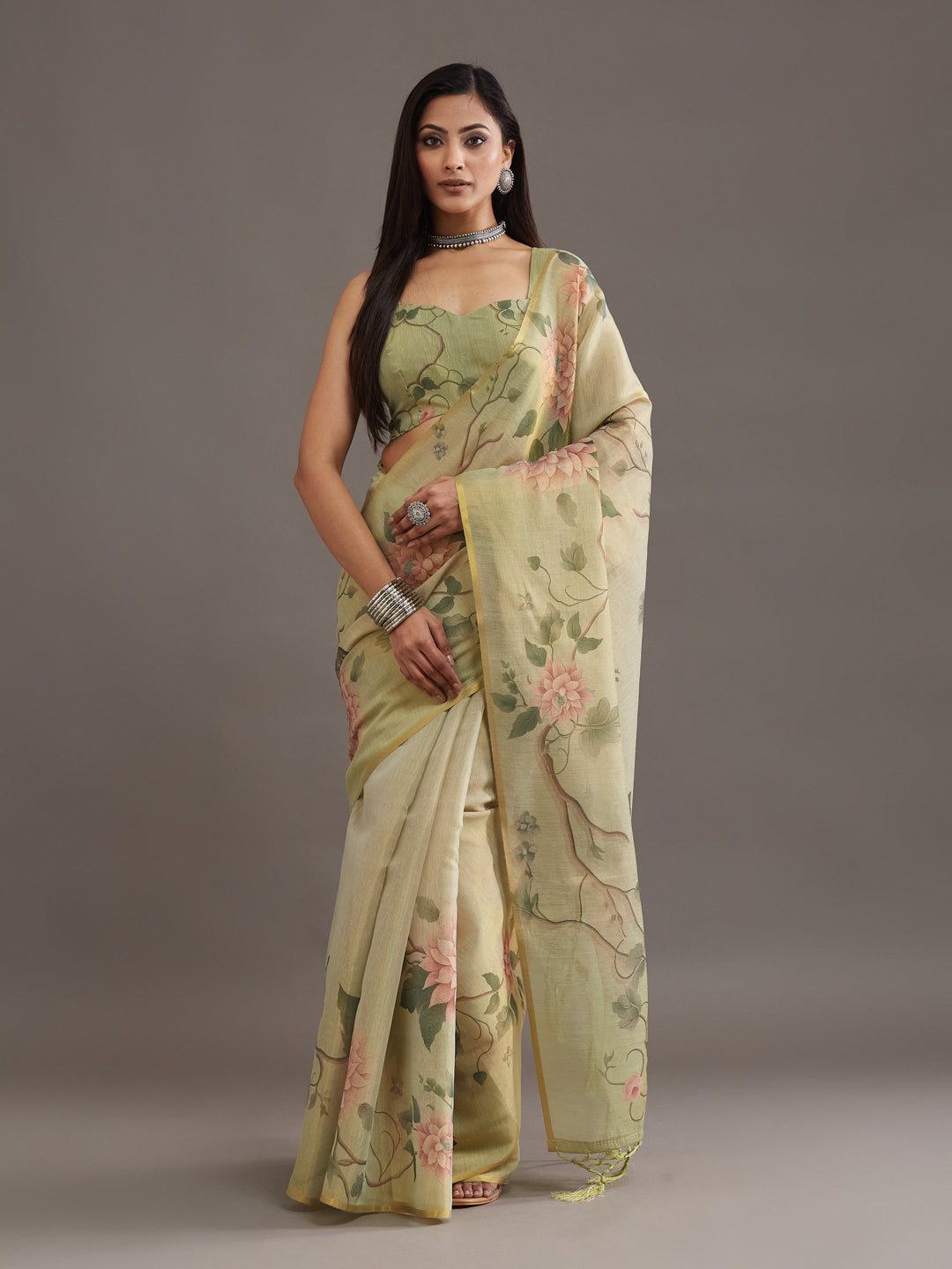 KASEE Women's Olive Organza Silk Saree with Floral Print and Contrast Border