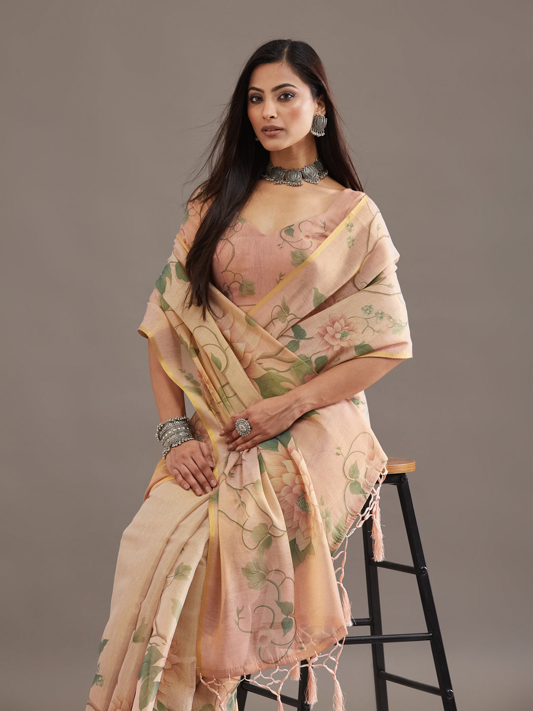 KASEE Women's Peach Organza Silk Saree with Floral Print and Contrast Border