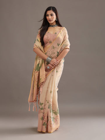 KASEE Women's Peach Organza Silk Saree with Floral Print and Contrast Border