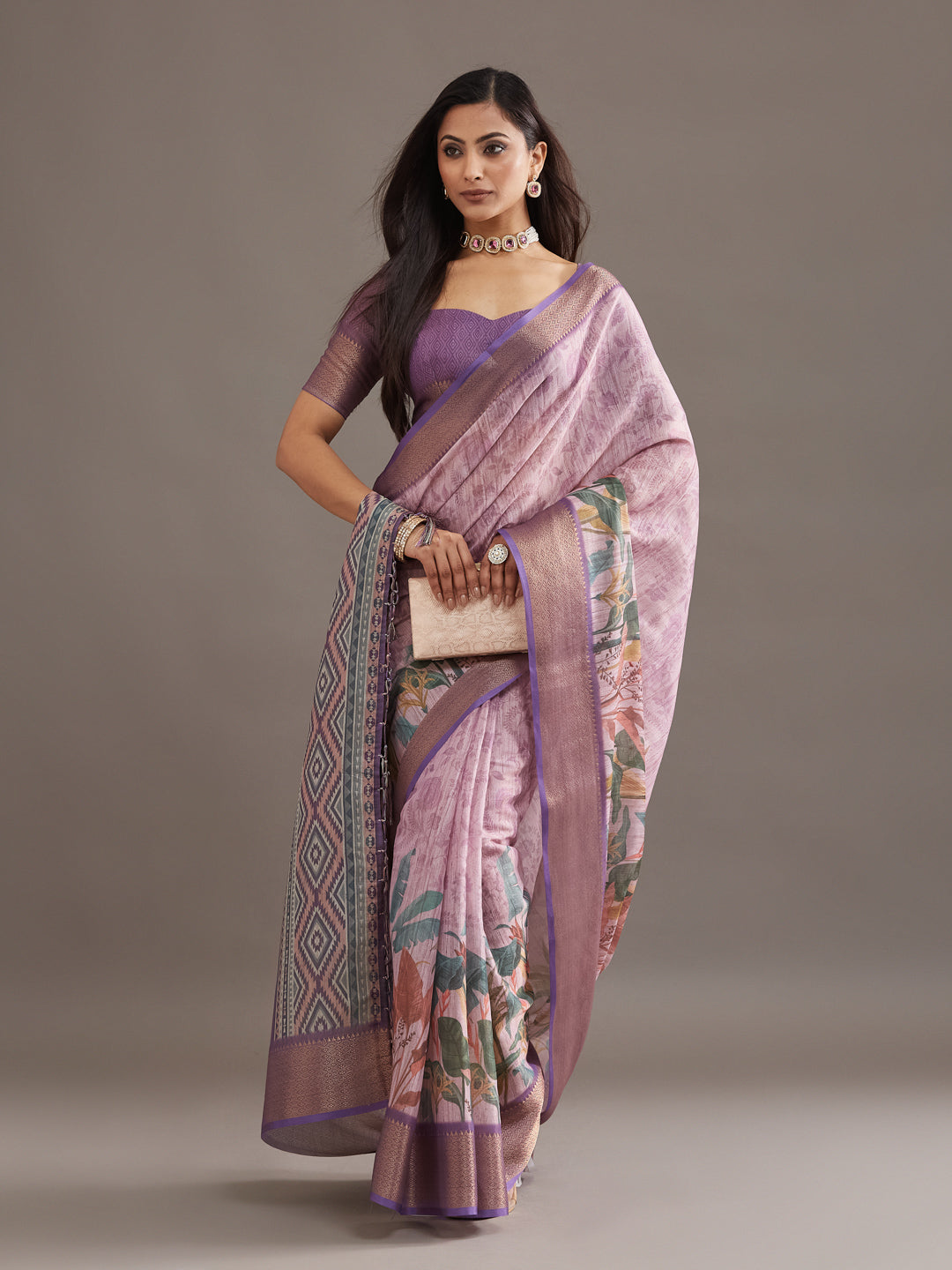 KASEE Women's Dusty Pink Silk Saree with Printed Pallu and Zari Border
