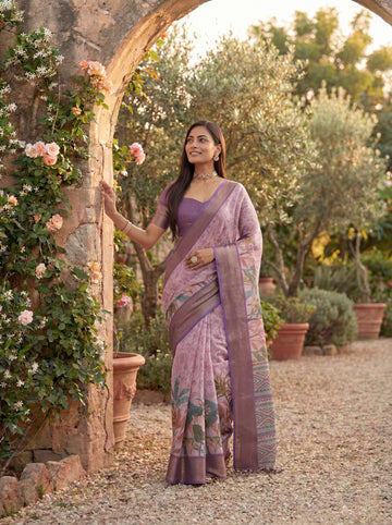 KASEE Women's Dusty Pink Silk Saree with Printed Pallu and Zari Border