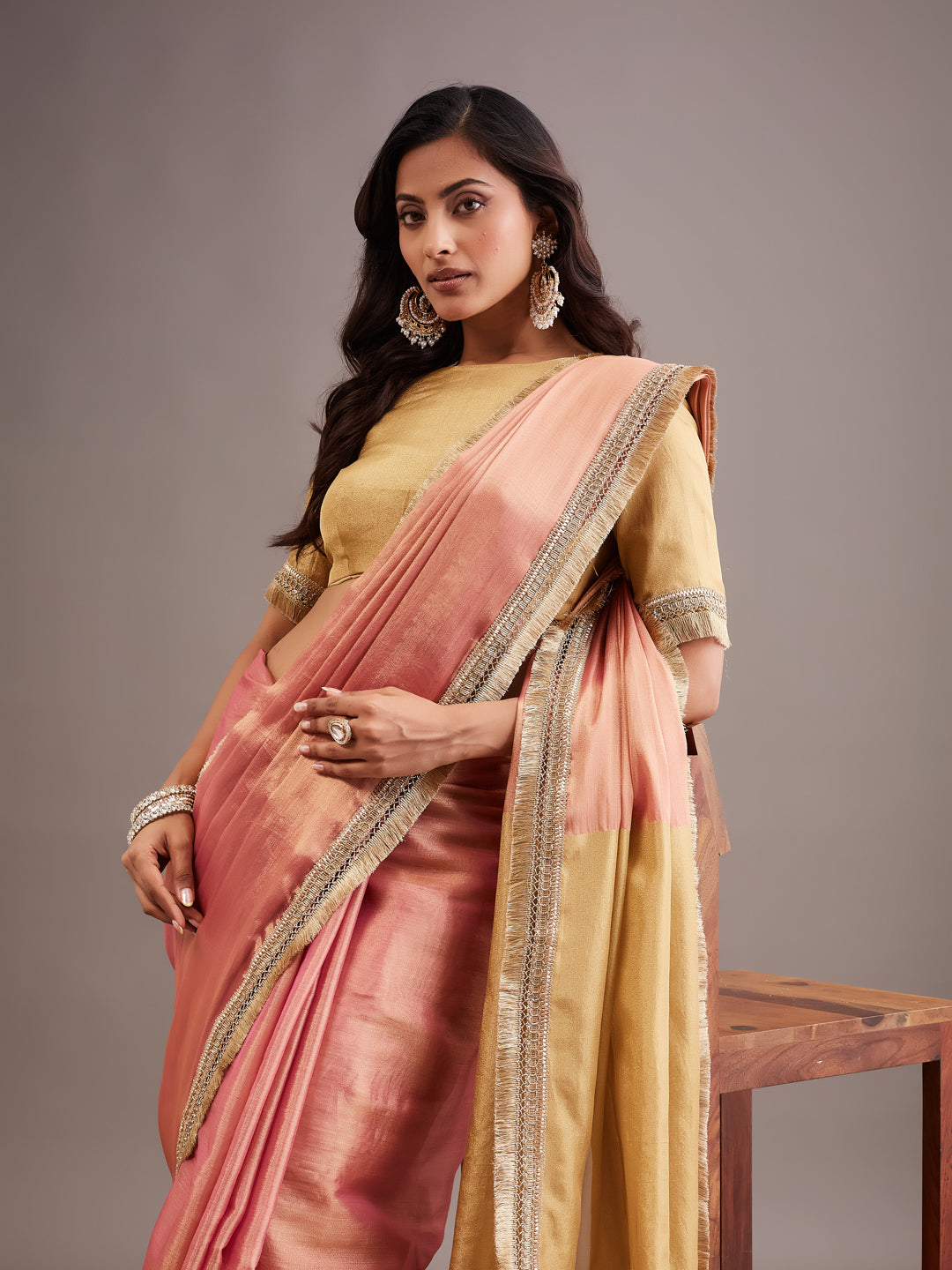 KASEE Women's coral art Silk Saree with Contrast Beige Pallu and Zari Border