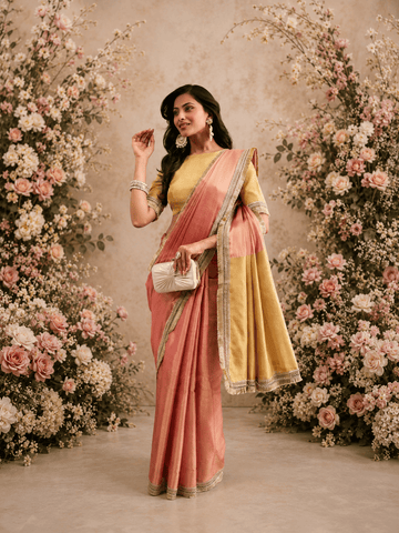 KASEE Women's coral art Silk Saree with Contrast Beige Pallu and Zari Border