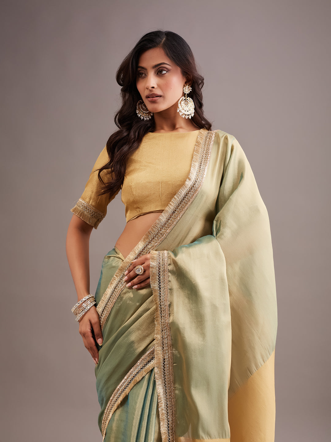 KASEE Women's olive art Silk Saree with Contrast Beige Pallu and Zari Border