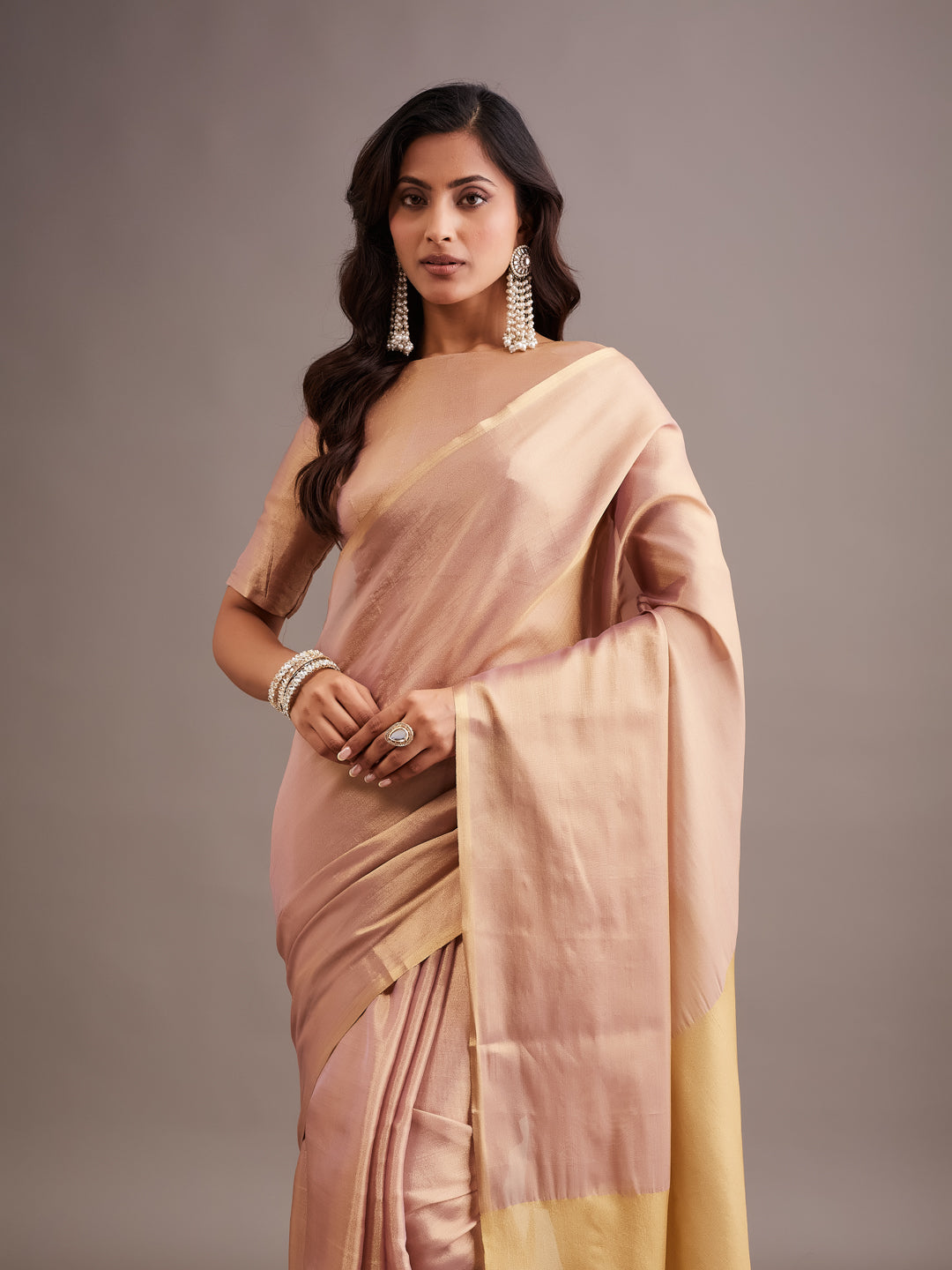 KASEE Women's Gold Art Silk Saree with Contrast Beige Pallu