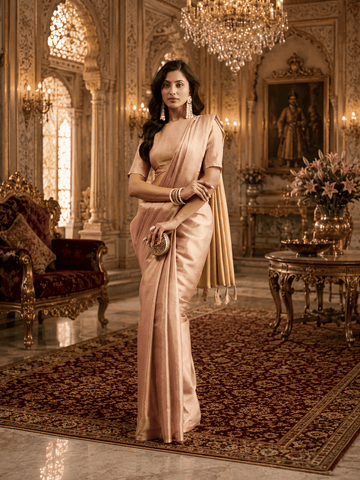 KASEE Women's Gold Art Silk Saree with Contrast Beige Pallu