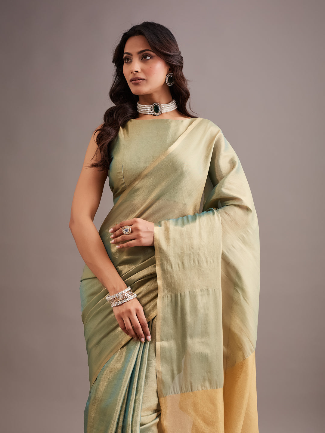 KASEE Women's olive Art Silk Saree with Contrast Beige Pallu
