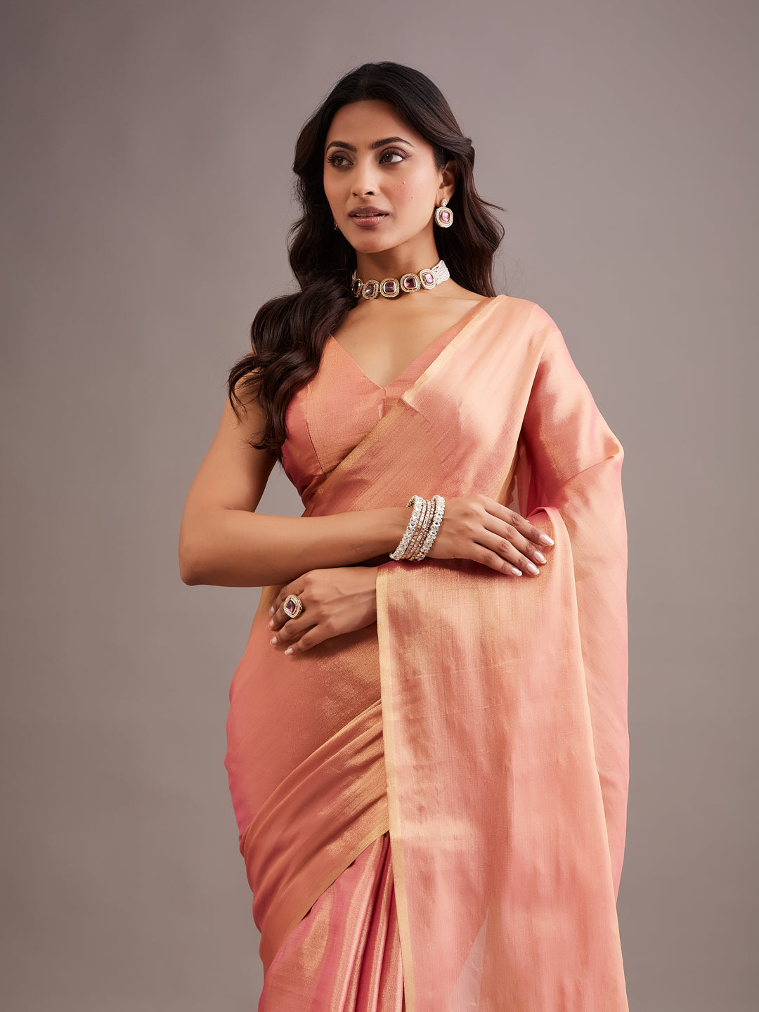 KASEE Women's pink Art Silk Saree with Contrast Beige Pallu