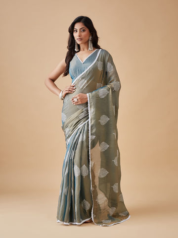 KASEE Women's Teal Silk Blend Saree with Embroidered Border and Subtle Sequin Detailing