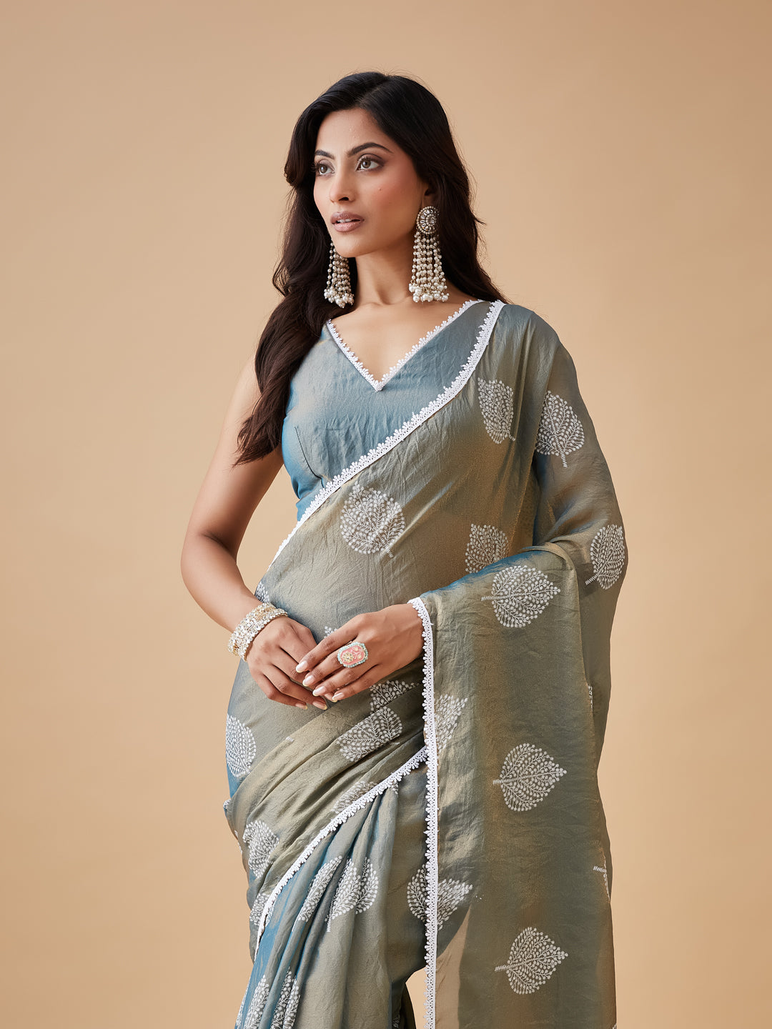 KASEE Women's Teal Silk Blend Saree with Embroidered Border and Subtle Sequin Detailing