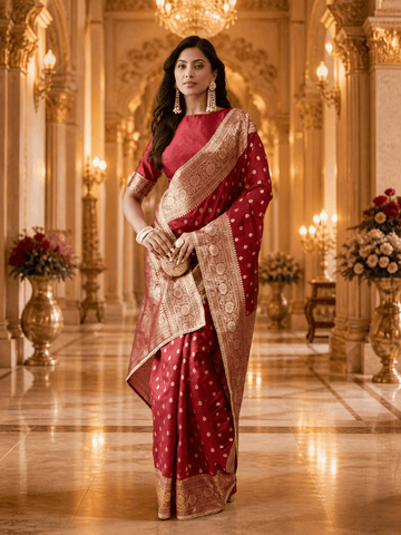 KASEE Women's Maroon Banarasi Art Silk Saree with Gold Zari Buti and Rich Woven Border