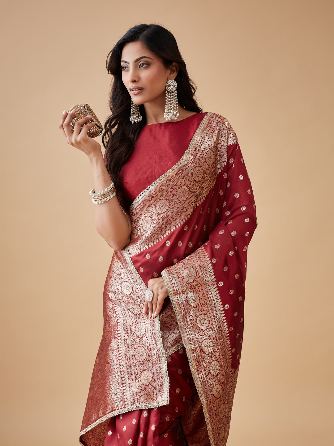 KASEE Women's Maroon Banarasi Art Silk Saree with Gold Zari Buti and Rich Woven Border