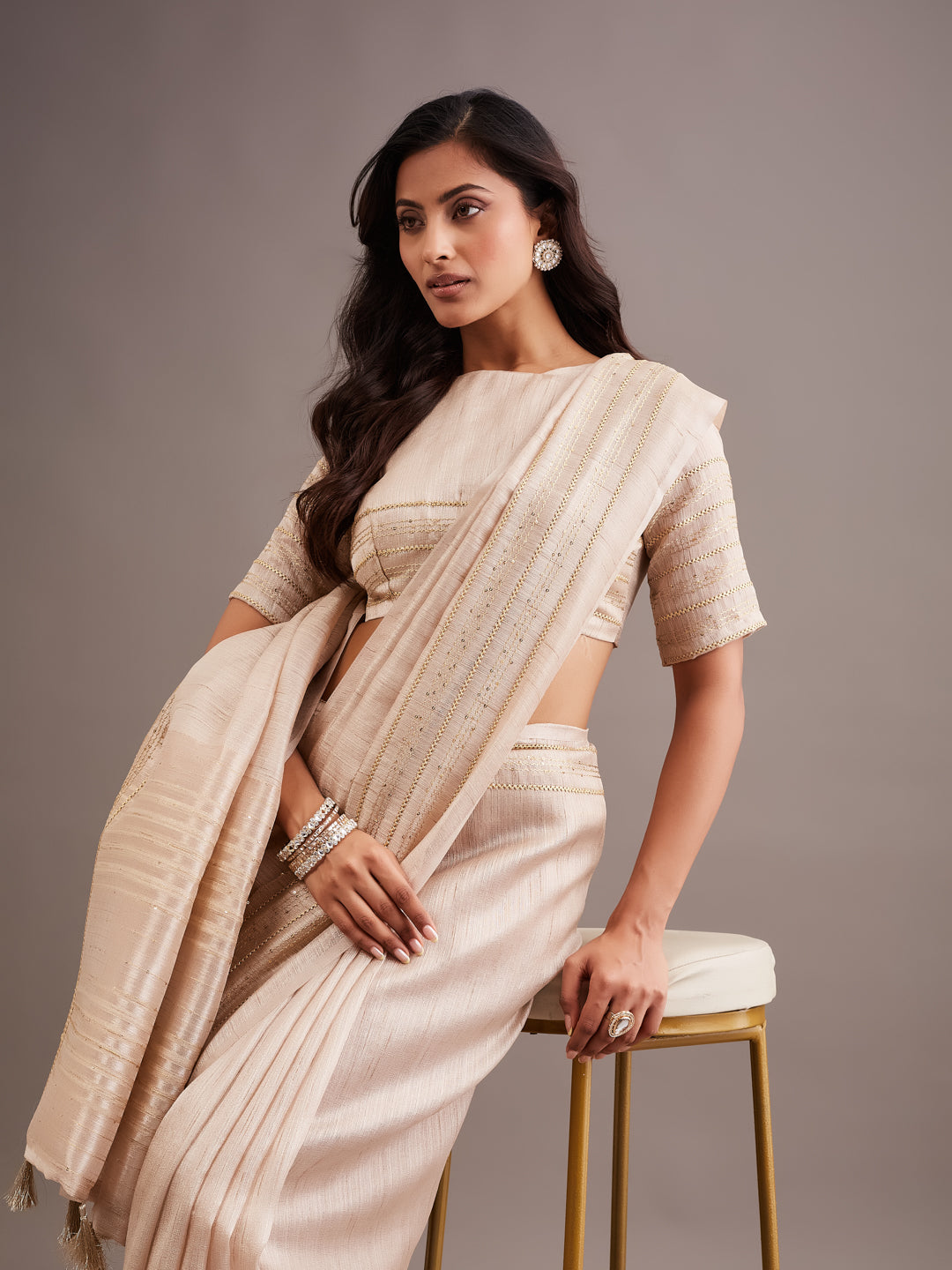 KASEE Women's Gold Jute Silk Saree with Zari Striped Pallu