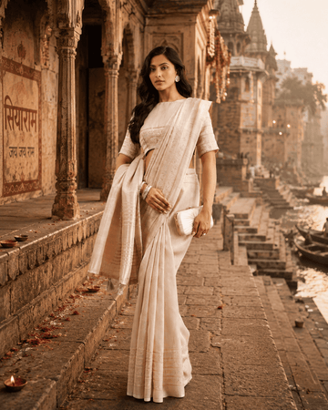 KASEE Women's Gold Jute Silk Saree with Zari Striped Pallu