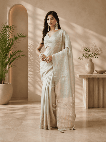 KASEE Women's Light Grey  Jute Silk Saree with Gold Zari Stripes and Elegant Border