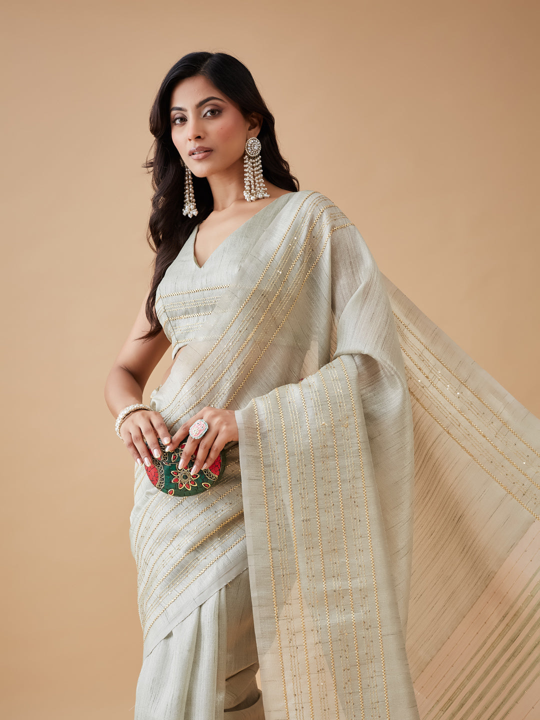 KASEE Women's Light Grey  Jute Silk Saree with Gold Zari Stripes and Elegant Border