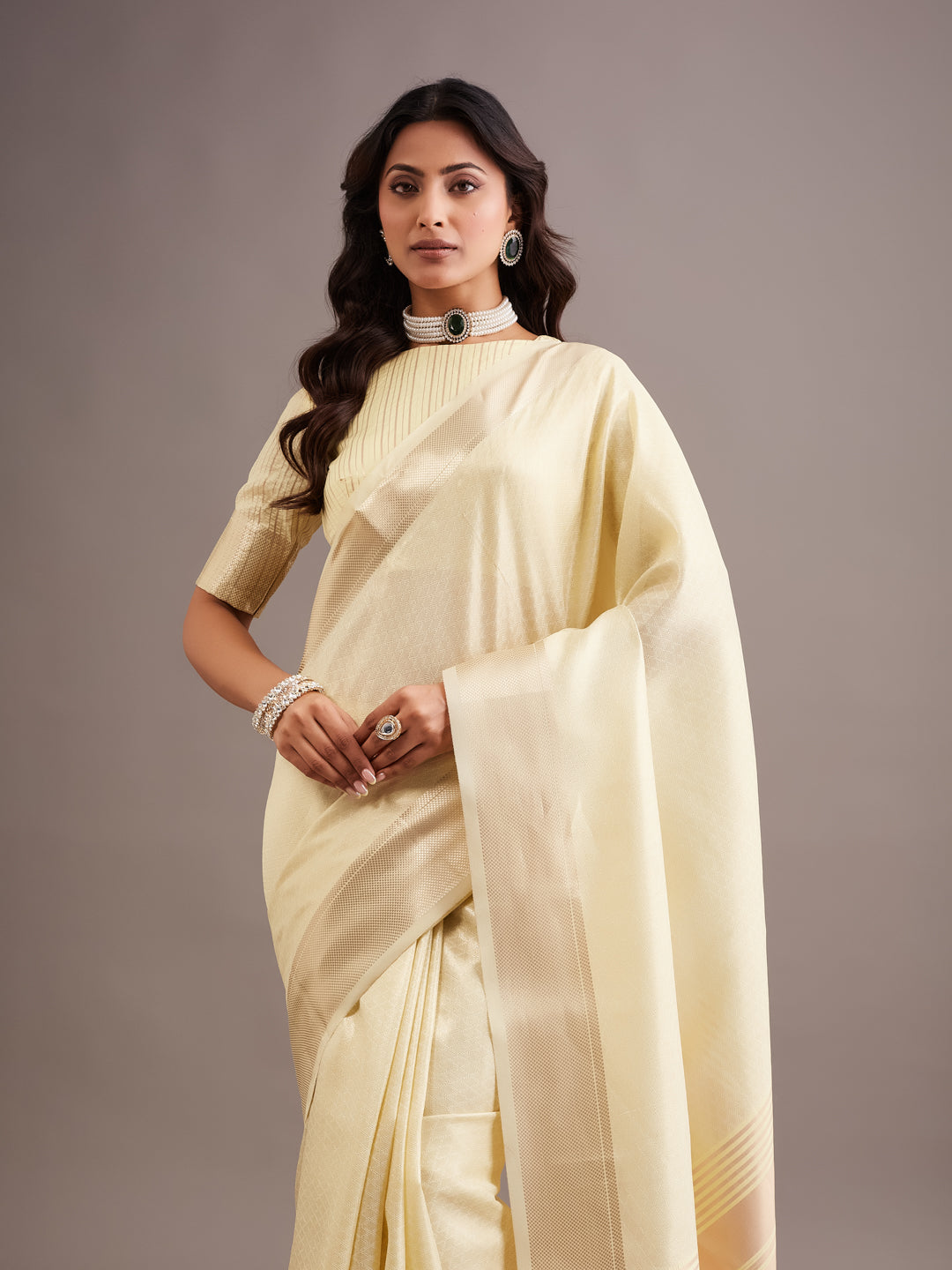 KASEE Women's Gold Jute Silk Saree with Woven Stripe Pallu