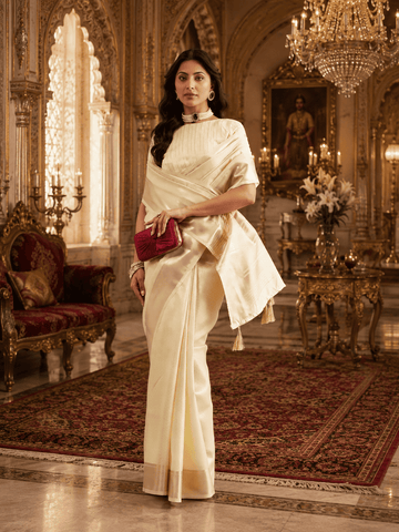 KASEE Women's Gold Jute Silk Saree with Woven Stripe Pallu