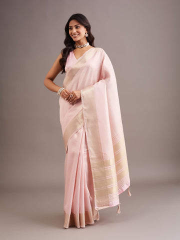 KASEE Women's Pink Jute Silk Saree with Woven Stripe Pallu