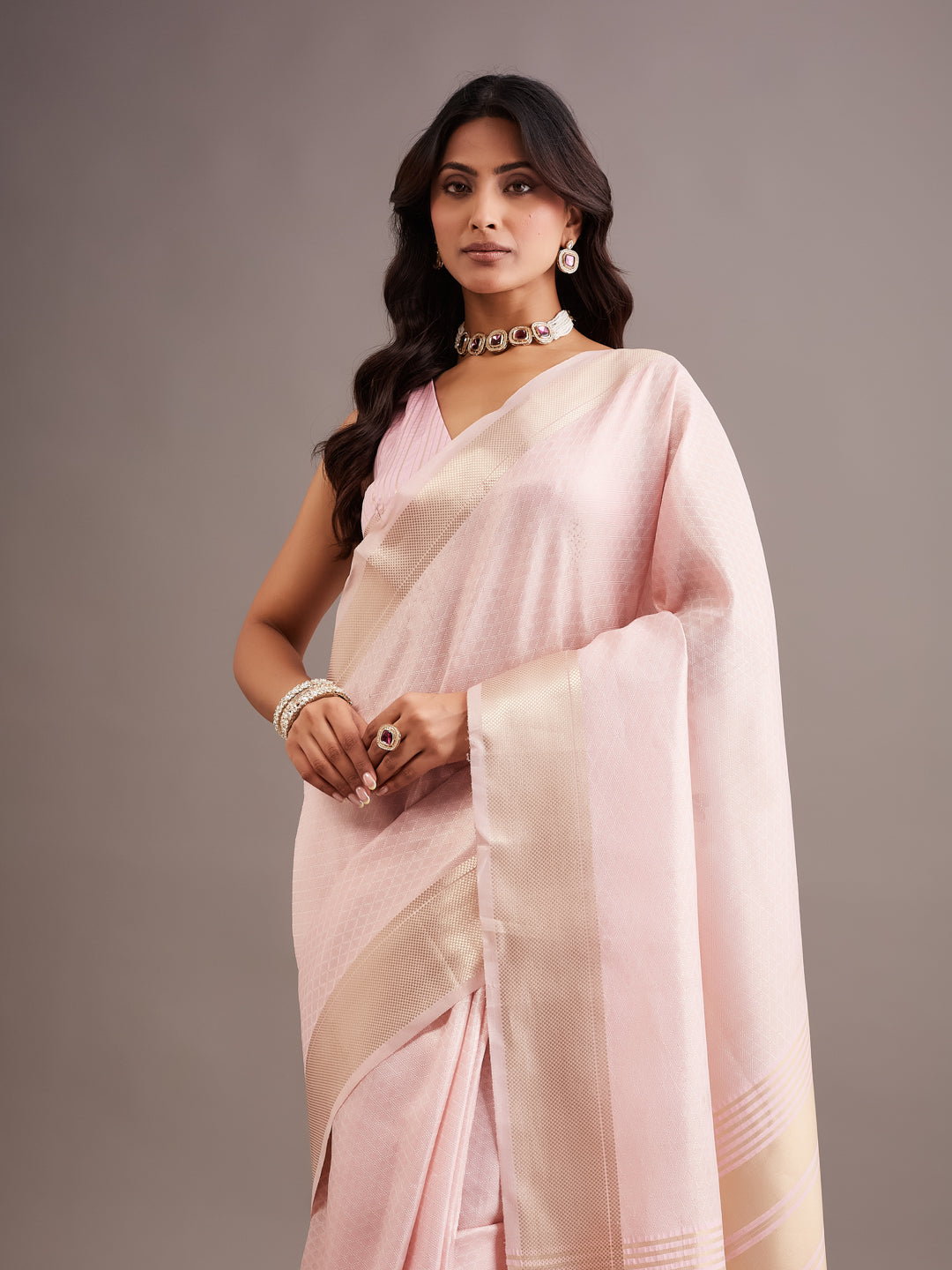 KASEE Women's Pink Jute Silk Saree with Woven Stripe Pallu
