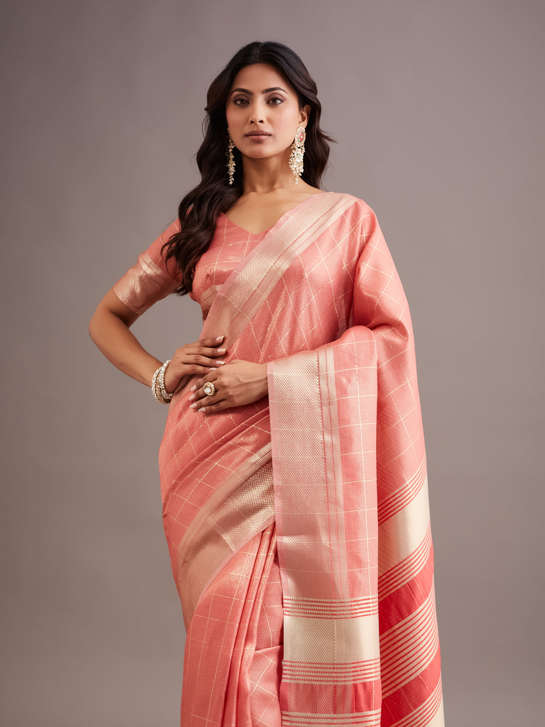 KASEE Women's Cherry Jute Silk Saree with Checked Weave and Striped Pallu