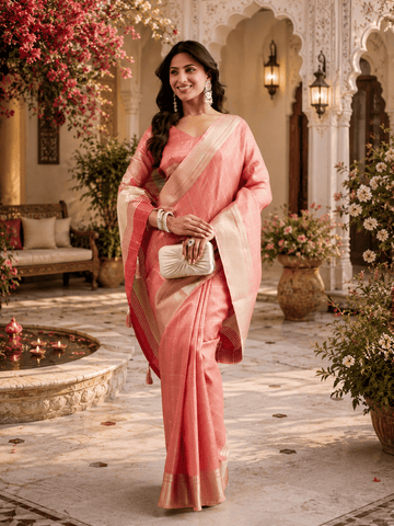 KASEE Women's Cherry Jute Silk Saree with Checked Weave and Striped Pallu