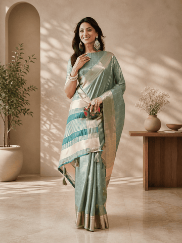 KASEE Women's Teal GreenJute Silk Saree with Checked Weave and Striped Contrast Pallu