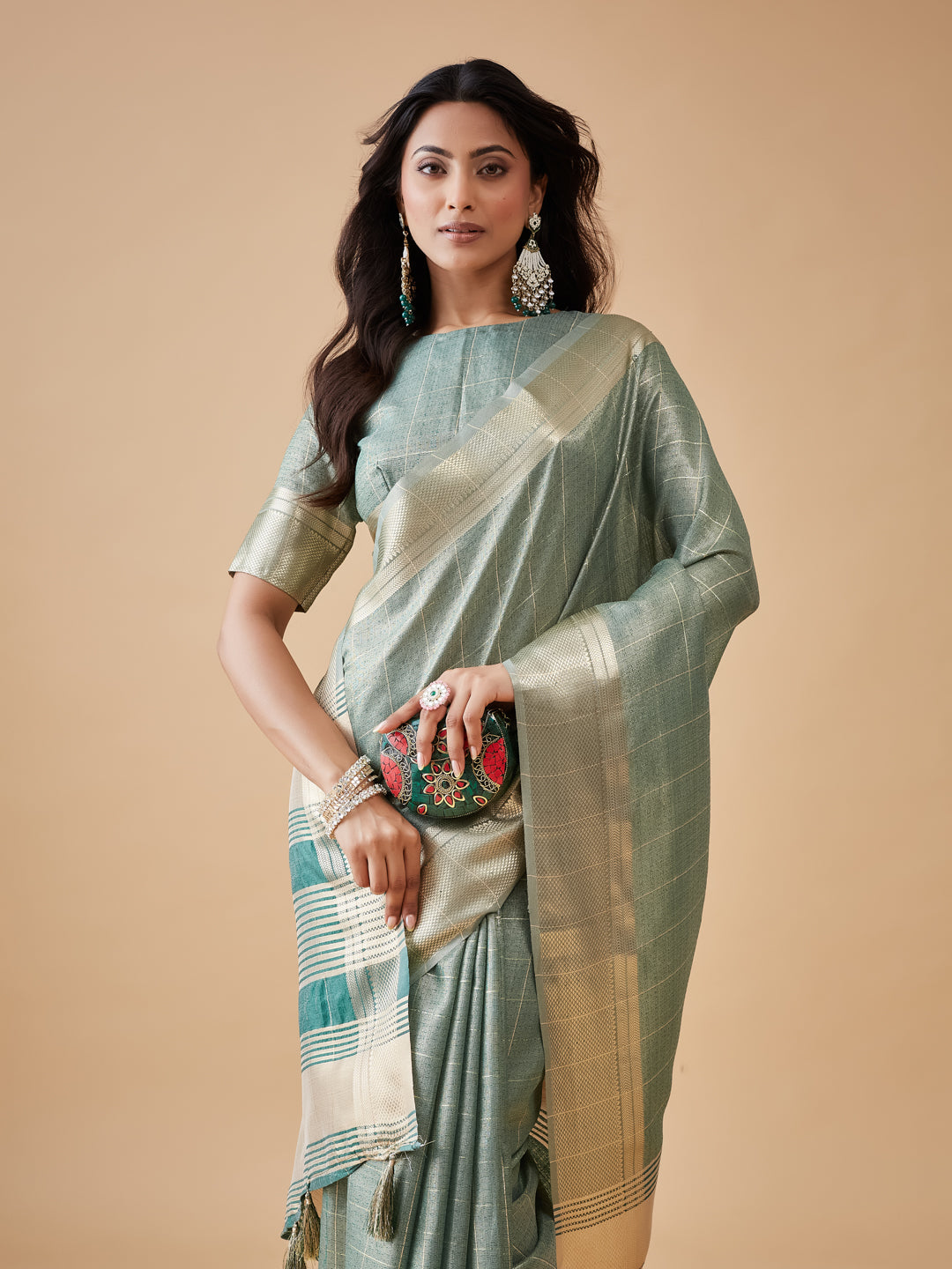KASEE Women's Teal GreenJute Silk Saree with Checked Weave and Striped Contrast Pallu