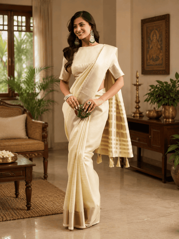 KASEE Women's Gold Jute Silk Saree with Zari Striped Pallu and Tassel Detail