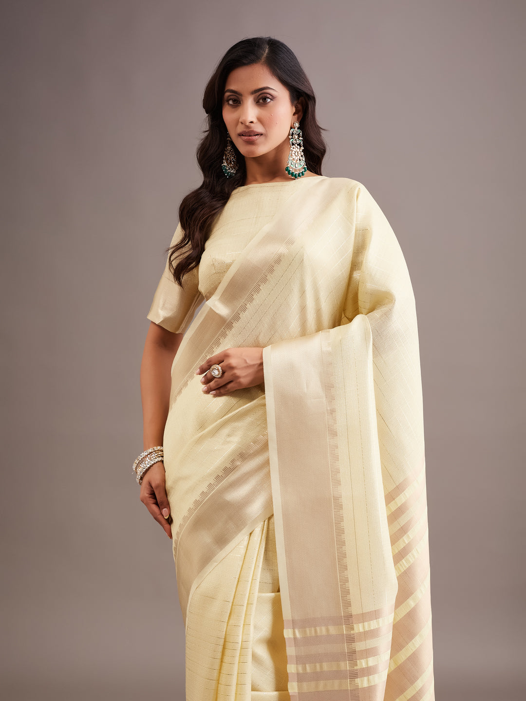 KASEE Women's Gold Jute Silk Saree with Zari Striped Pallu and Tassel Detail