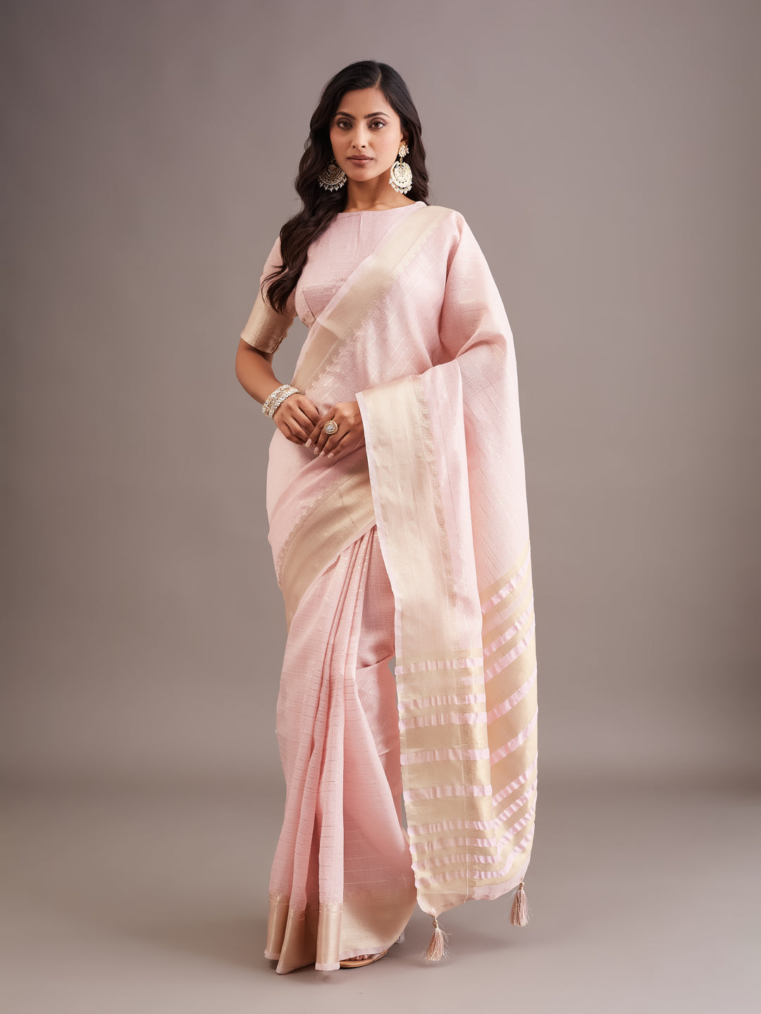 KASEE Women's Pink Jute Silk Saree with Zari Striped Pallu and Tassel Detail