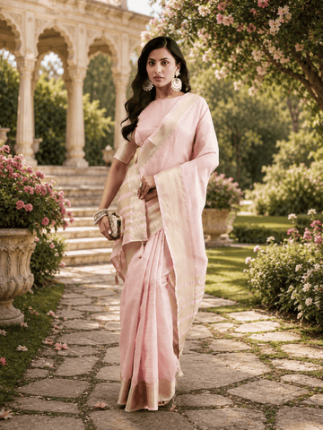 KASEE Women's Pink Jute Silk Saree with Zari Striped Pallu and Tassel Detail
