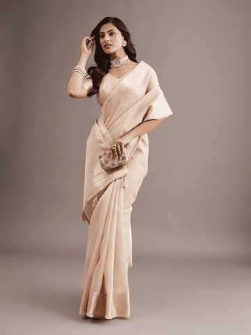 KASEE Women's Gold Jute Silk Saree with Minimal Zari Border and Tassel Pallu