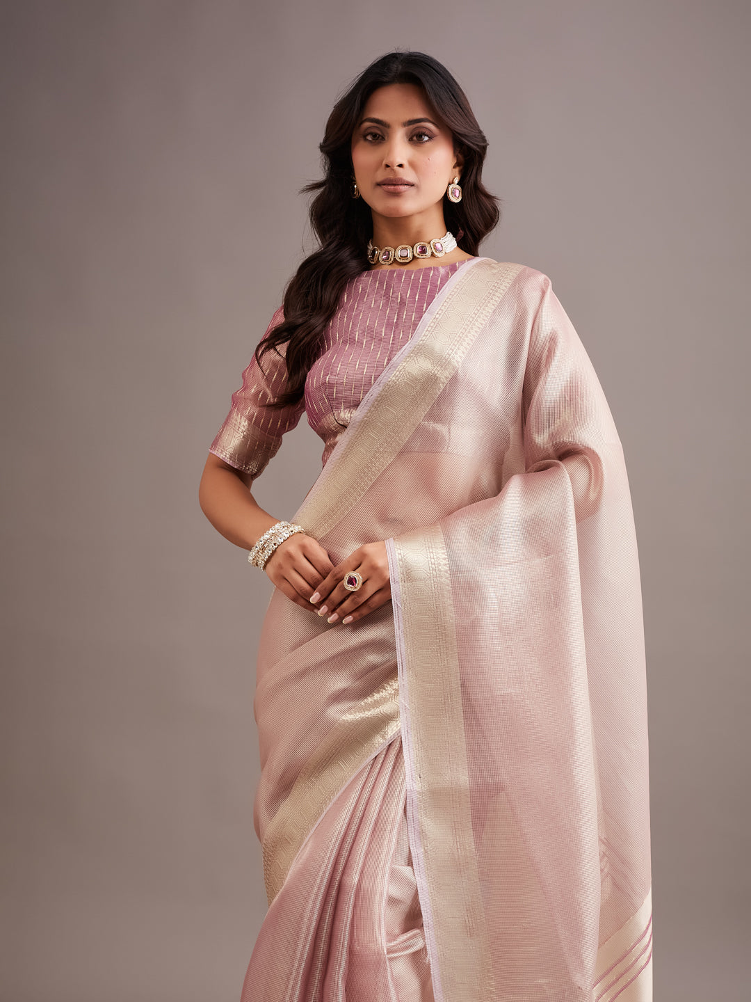 KASEE Women's Gold Pink Jute Silk Saree with Contrast Striped Pallu