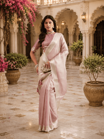 KASEE Women's Gold Pink Jute Silk Saree with Contrast Striped Pallu