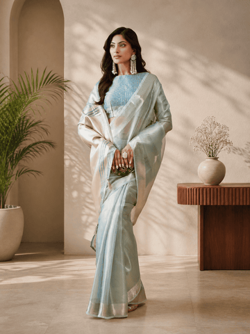 KASEE Women's Teal Jute Silk Saree with Subtle Zari Stripes and Contrast Pallu