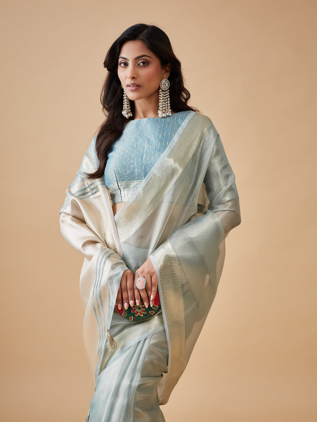 KASEE Women's Teal Jute Silk Saree with Subtle Zari Stripes and Contrast Pallu