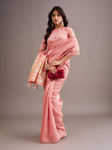 KASEE Women's Pink Jute Silk Saree with Contrast Striped Pallu