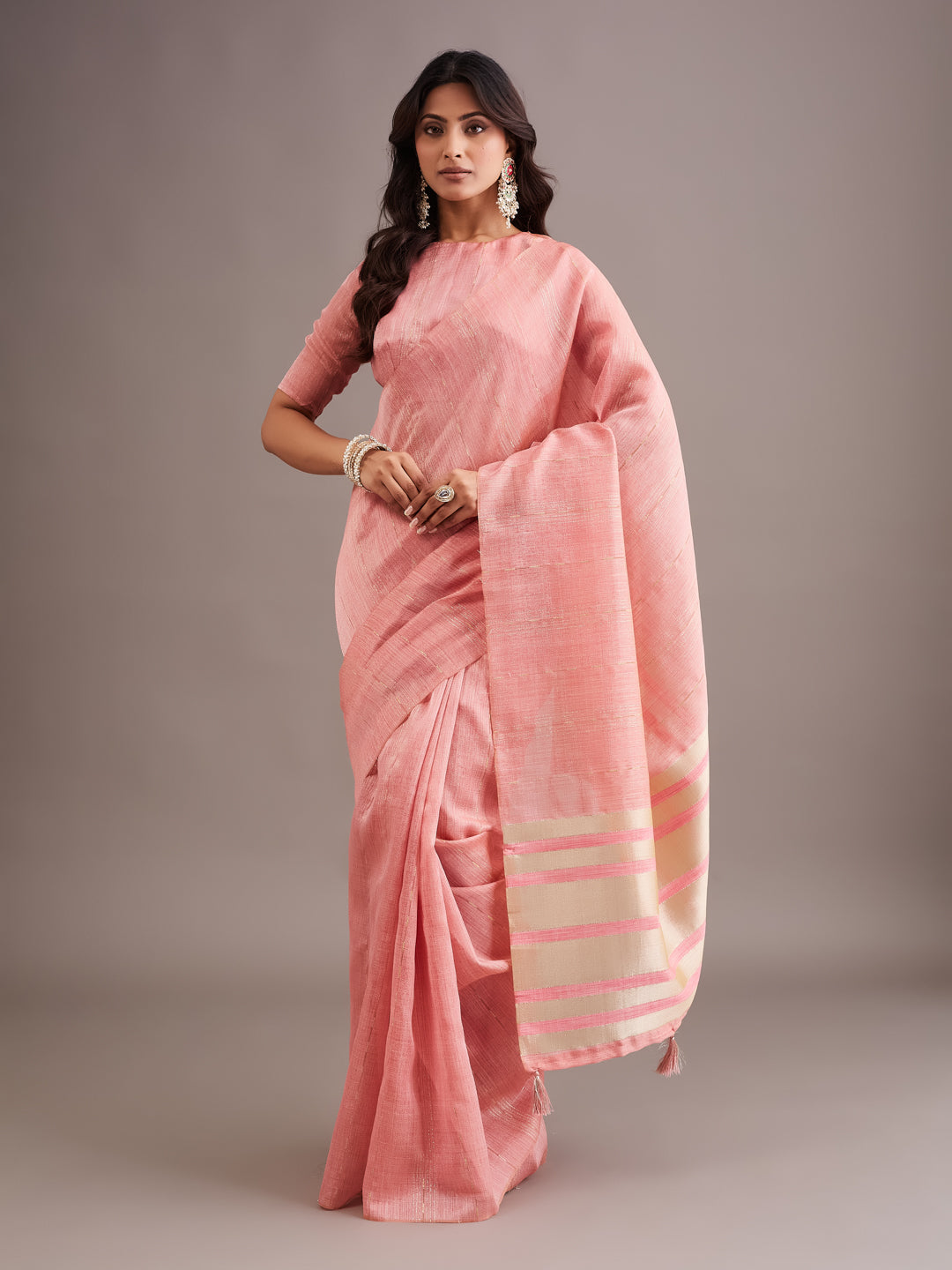 KASEE Women's Pink Jute Silk Saree with Contrast Striped Pallu