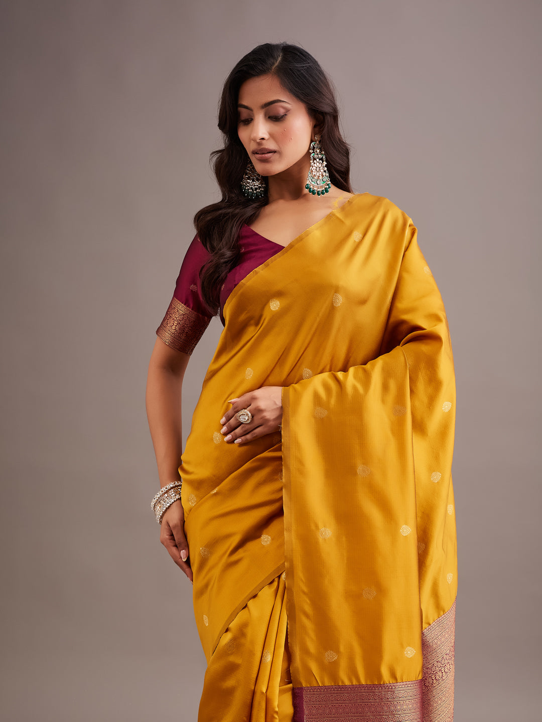 KASEE Women's Mustard Art Silk Saree with Zari Buti and Contrast Woven Pallu
