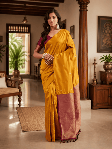 KASEE Women's Mustard Art Silk Saree with Zari Buti and Contrast Woven Pallu
