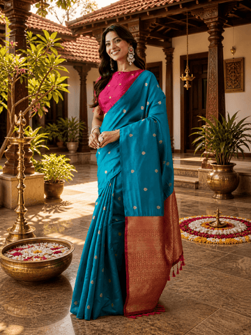 KASEE Women's Teal Art Silk Saree with Gold Zari Buti and Contrast Rose Gold Pallu