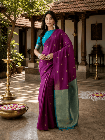 KASEE Women's WineArt Silk Saree with Gold Zari Buti and Teal Contrast Pallu
