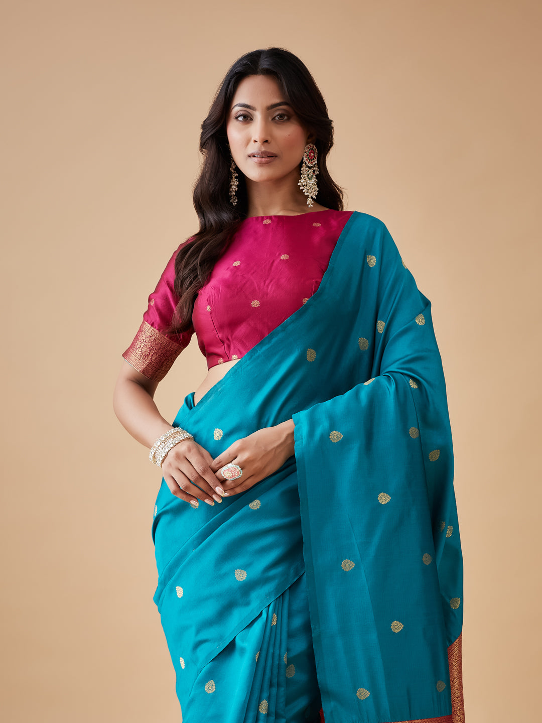 KASEE Women's Teal Art Silk Saree with Gold Zari Buti and Contrast Rose Gold Pallu
