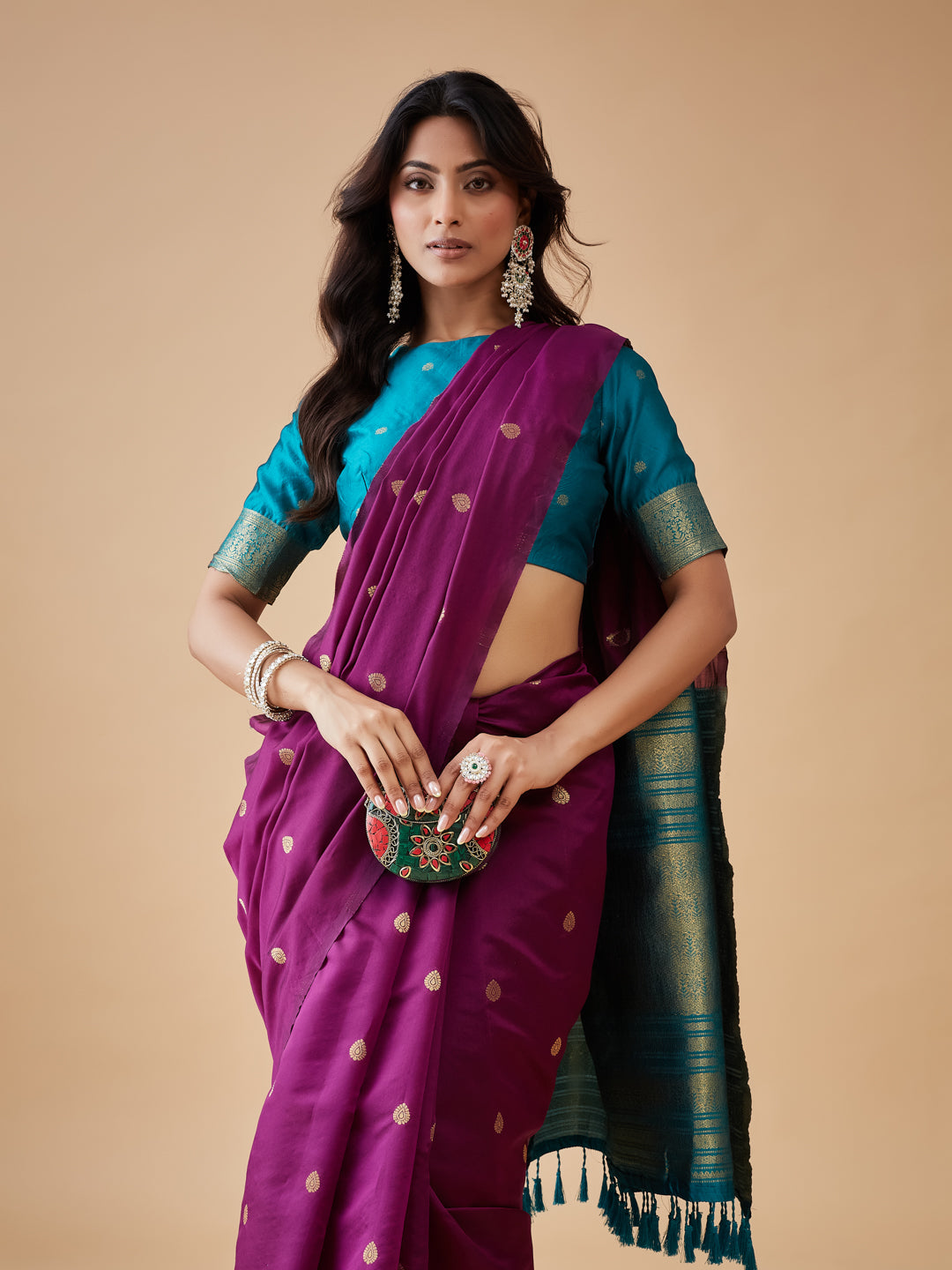 KASEE Women's WineArt Silk Saree with Gold Zari Buti and Teal Contrast Pallu