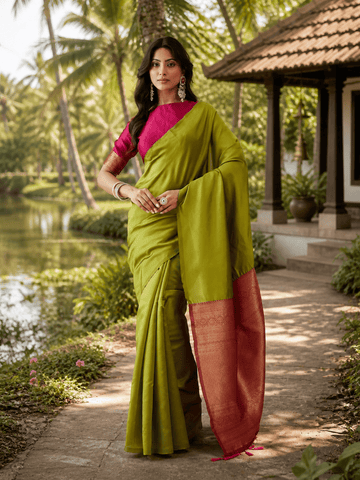KASEE Women's Green Art Silk Saree with Contrast Rose Gold Pallu