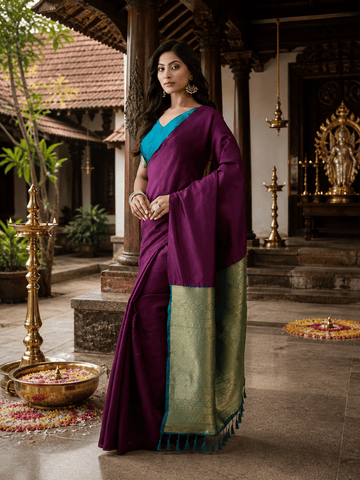 KASEE Women's Plum Purple Art Silk Saree with Teal Contrast Pallu and Zari Border