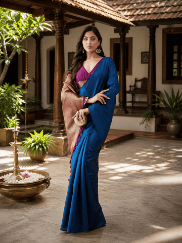 KASEE Women's Turquoise Blue Art Silk Saree with Contrast Rose Gold Pallu